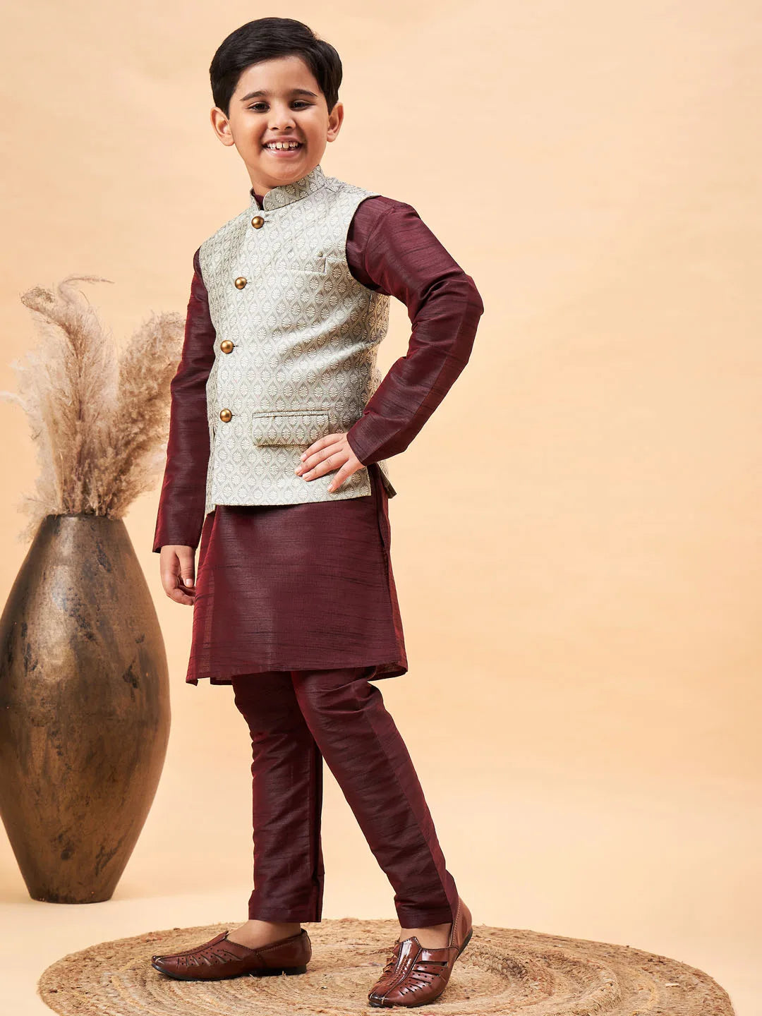 Boys' Wine And Beige Jacket, Kurta and Pyjama Set