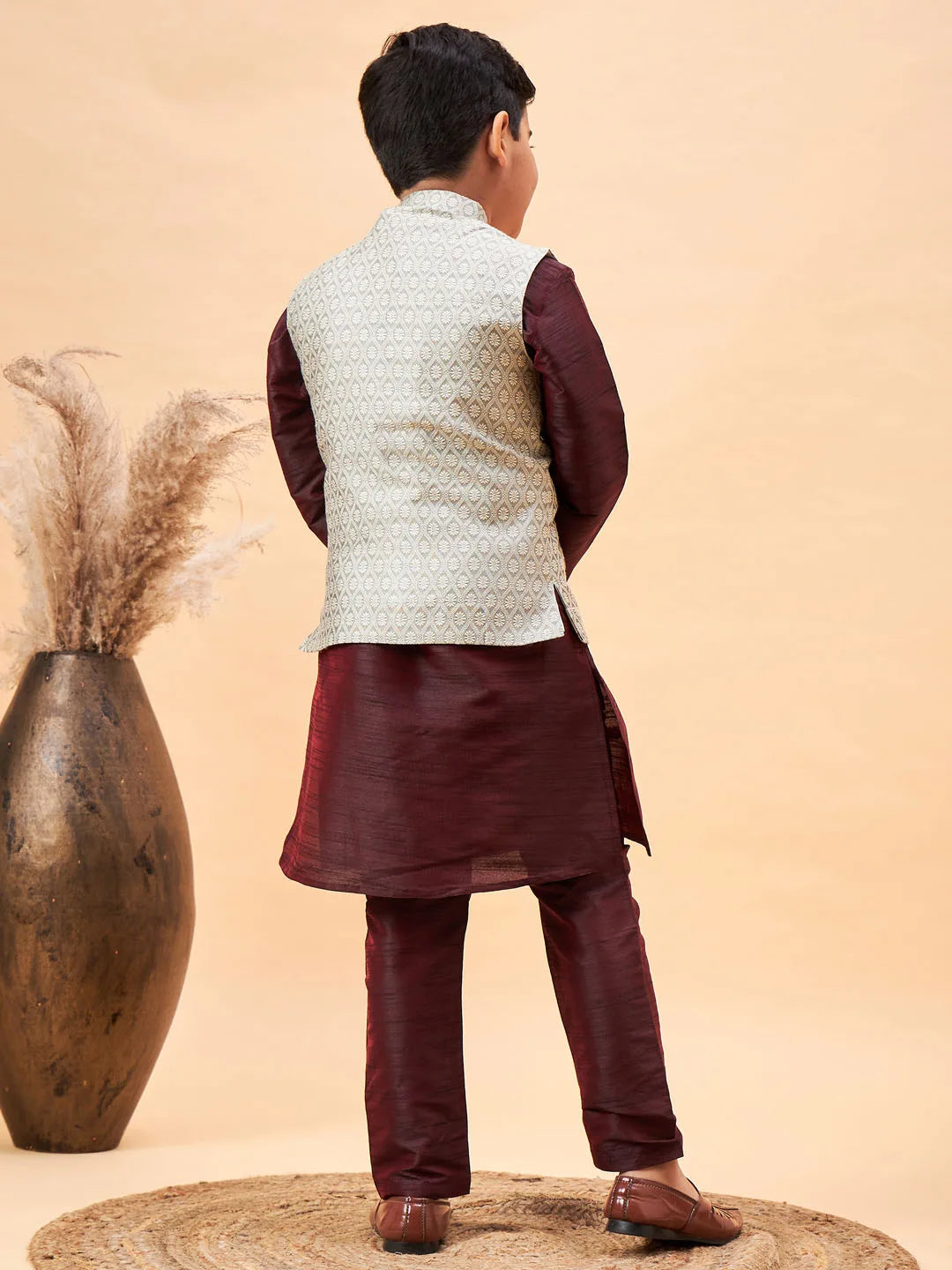 Boys' Wine And Beige Jacket, Kurta and Pyjama Set