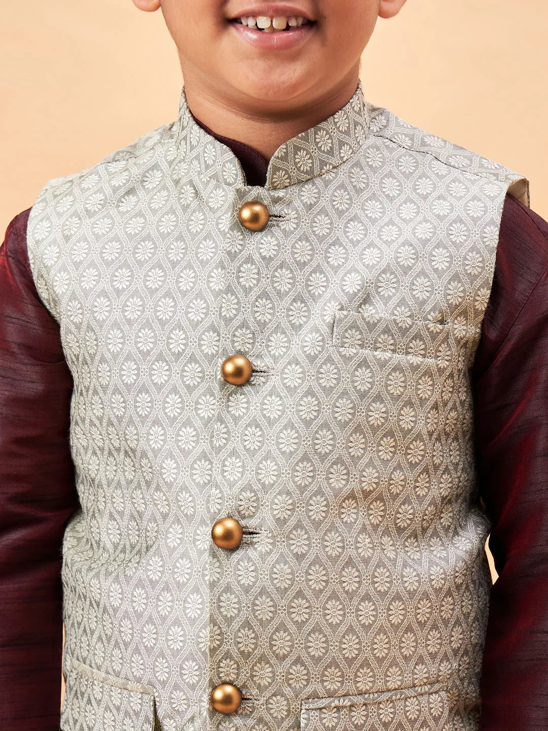 Boys' Wine And Beige Jacket, Kurta and Pyjama Set