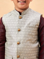 Boys' Wine And Beige Jacket, Kurta and Pyjama Set