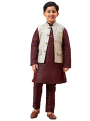 Boys' Wine And Beige Jacket, Kurta and Pyjama Set