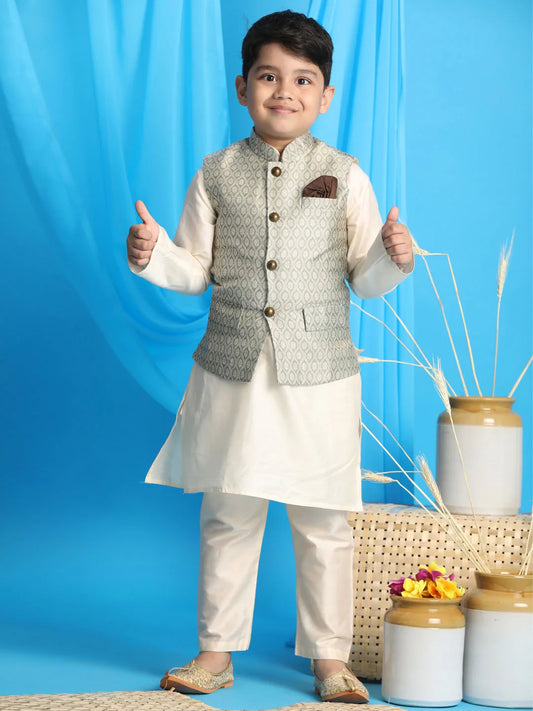 Boys' Beige And Cream Jacket, Kurta and Pyjama Set