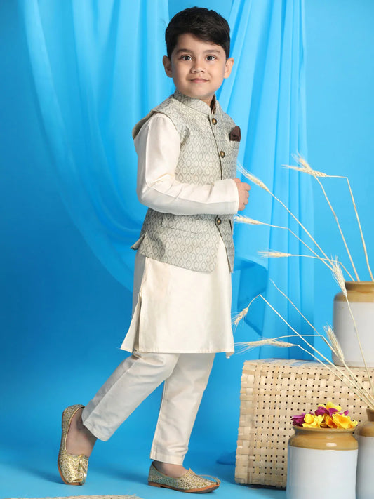 Boys' Beige And Cream Jacket, Kurta and Pyjama Set