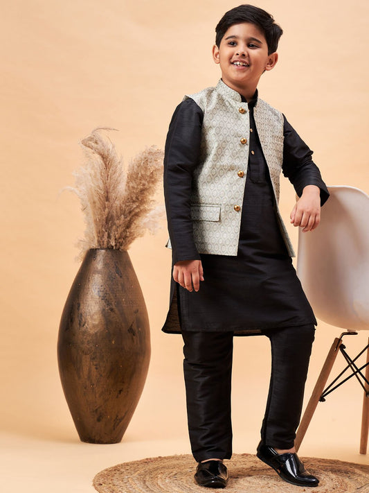 Boys' Beige and Black Jacket, Kurta and Pyjama Set