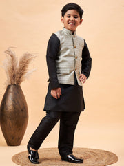 Boys' Beige and Black Jacket, Kurta and Pyjama Set