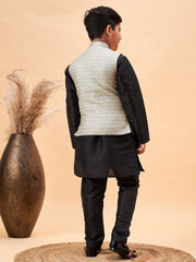 Boys' Beige and Black Jacket, Kurta and Pyjama Set