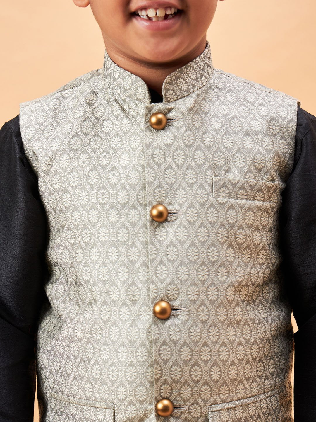 Boys' Beige and Black Jacket, Kurta and Pyjama Set