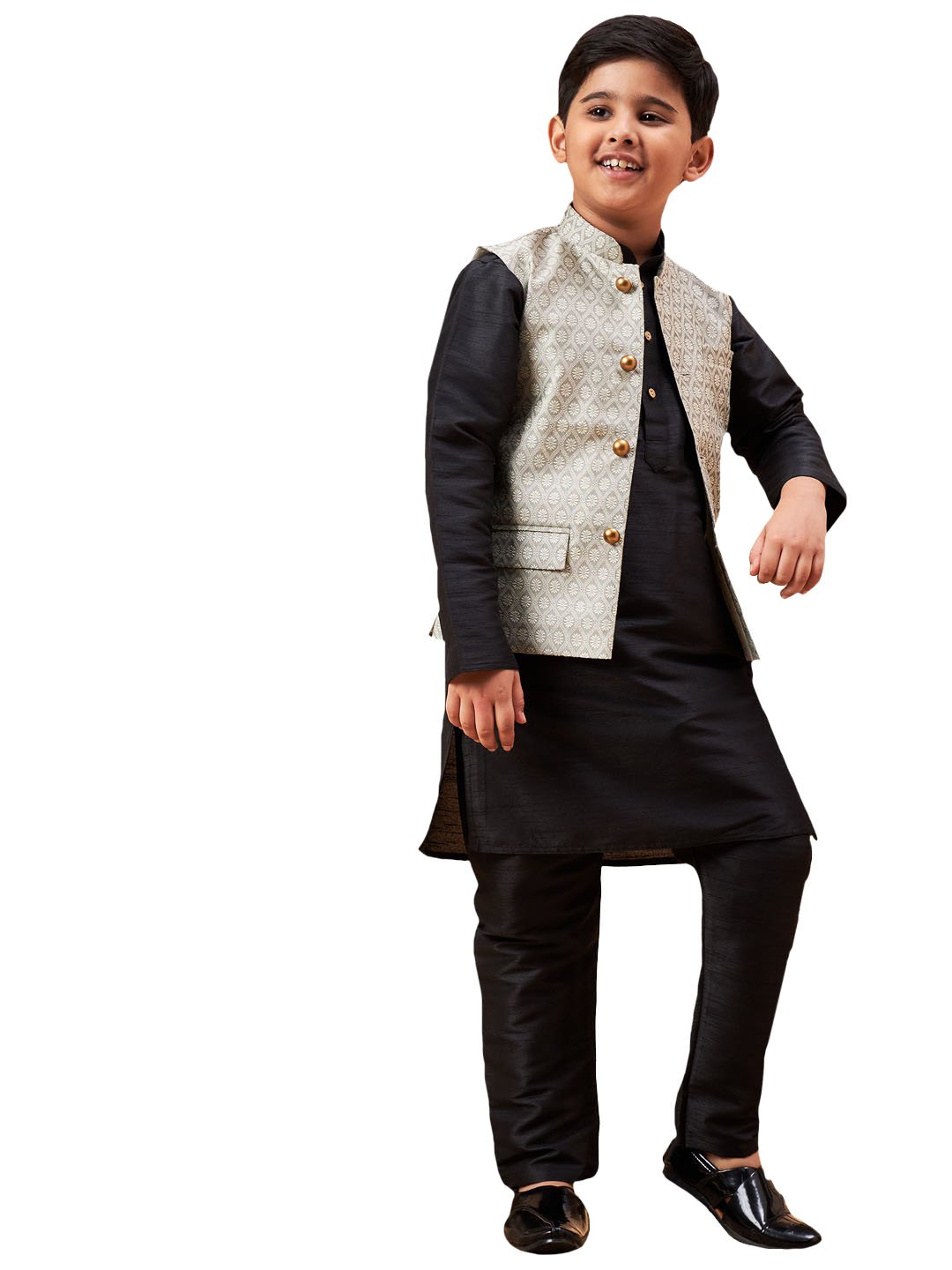 Boys' Beige and Black Jacket, Kurta and Pyjama Set