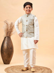 Boys' Cream And Beige Jacket, Kurta and Pyjama Set