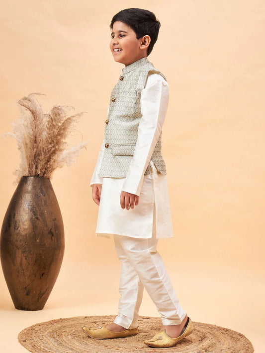 Boys' Cream And Beige Jacket, Kurta and Pyjama Set