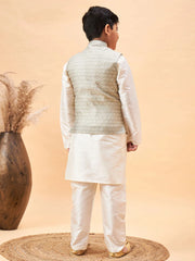 Boys' Cream And Beige Jacket, Kurta and Pyjama Set