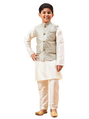 Boys' Cream And Beige Jacket, Kurta and Pyjama Set