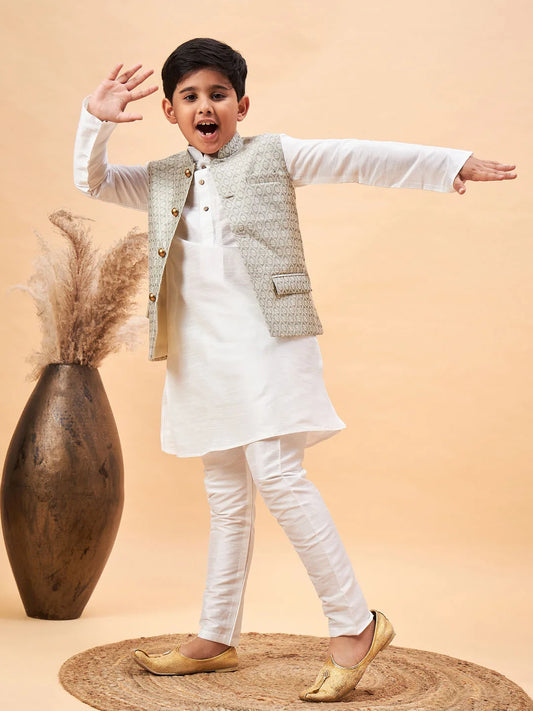 Boys' White And Beige Jacket, Kurta and Pyjama Set