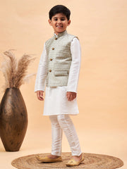 Boys' White And Beige Jacket, Kurta and Pyjama Set