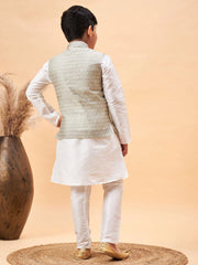 Boys' White And Beige Jacket, Kurta and Pyjama Set