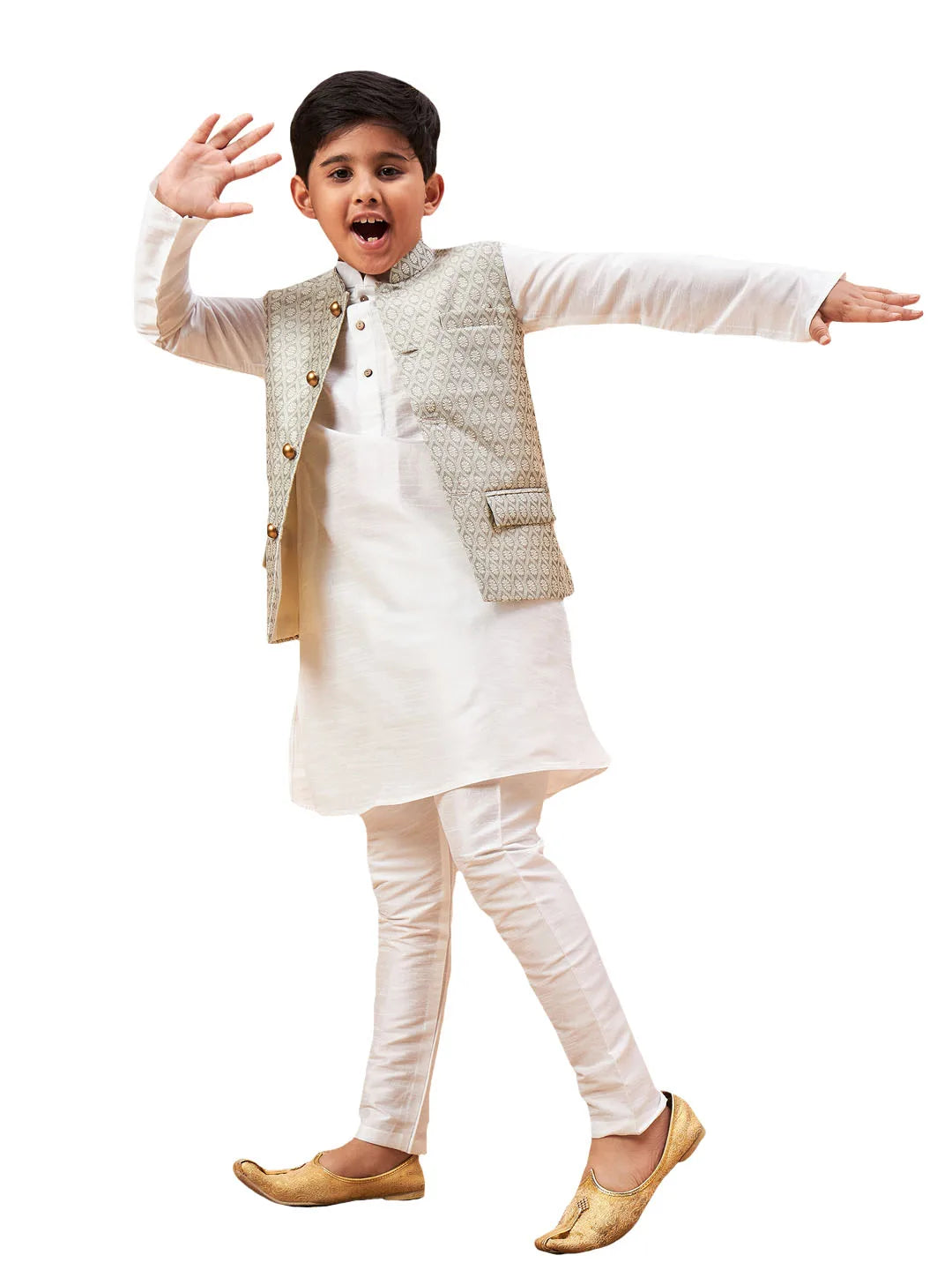 Boys' White And Beige Jacket, Kurta and Pyjama Set