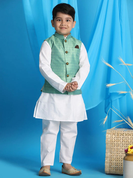 Boys' Green And White Jacket, Kurta and Pyjama Set