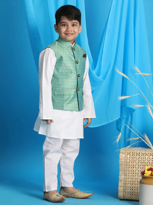 Boys' Green And White Jacket, Kurta and Pyjama Set