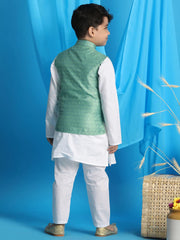 Boys' Green And White Jacket, Kurta and Pyjama Set