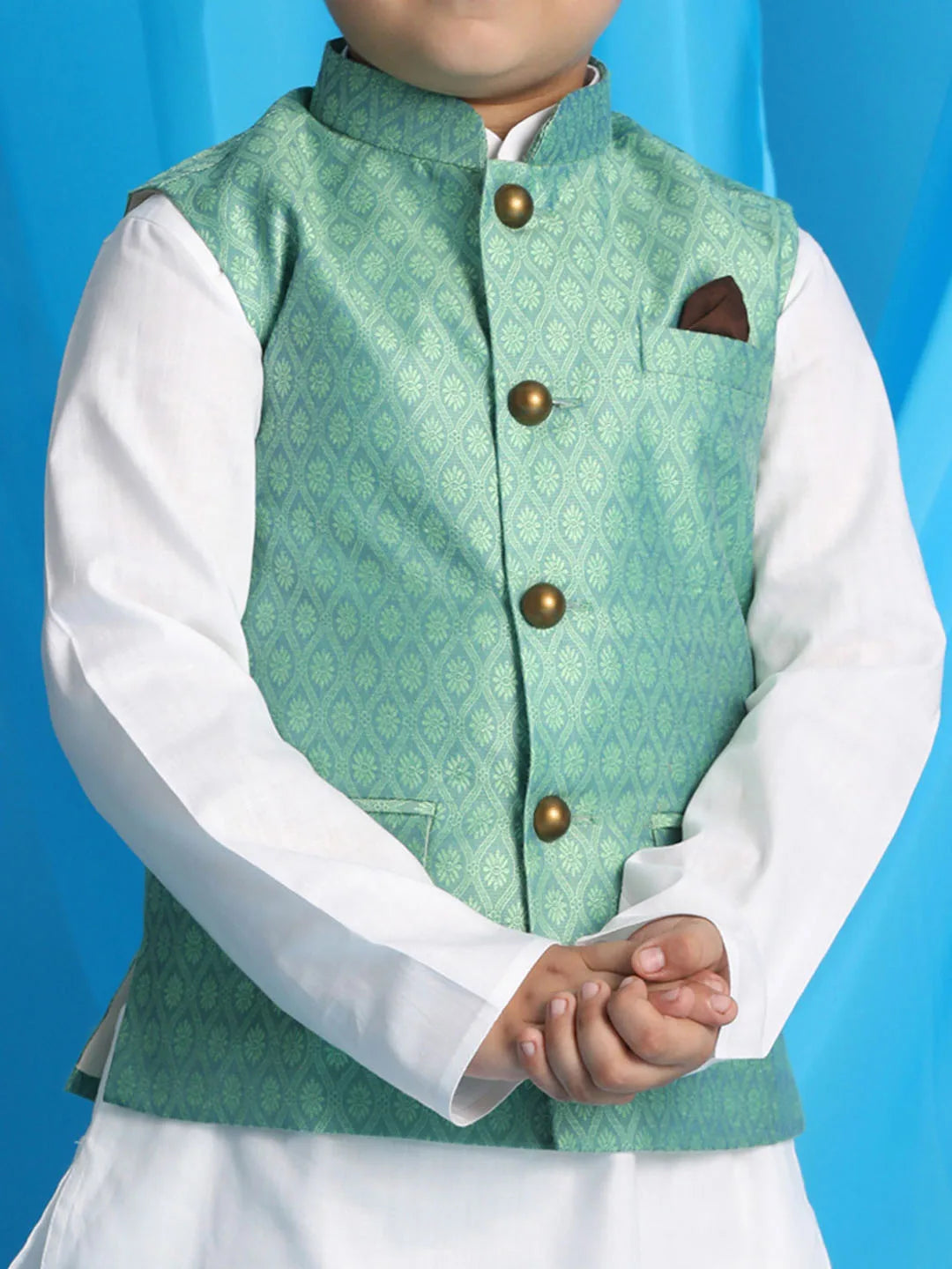 Boys' Green And White Jacket, Kurta and Pyjama Set