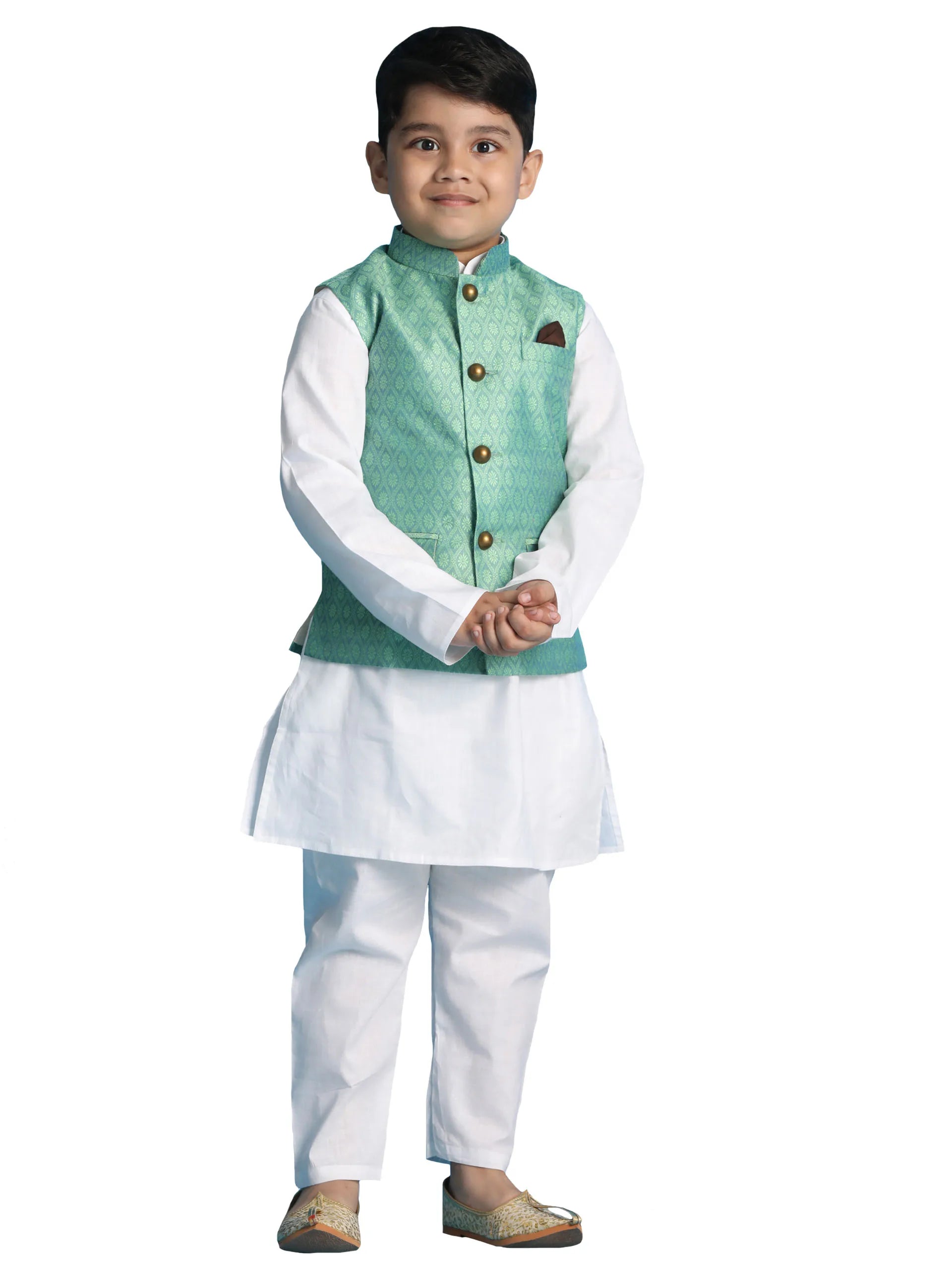 Boys' Green And White Jacket, Kurta and Pyjama Set