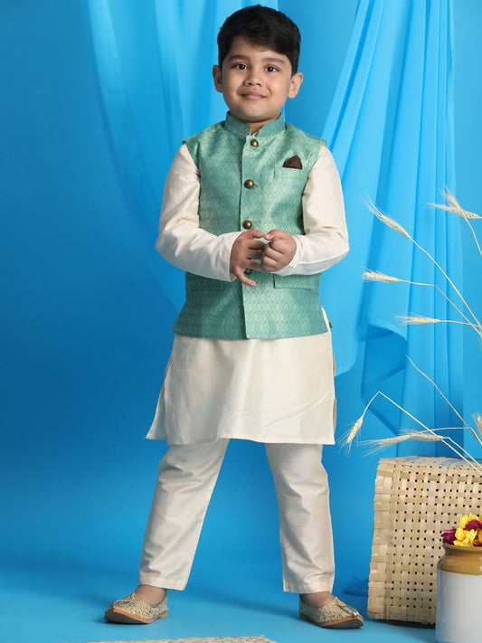 Boys' Green And Cream Jacket, Kurta and Pyjama Set