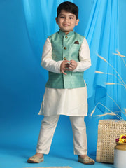 Boys' Green And Cream Jacket, Kurta and Pyjama Set