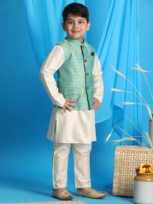 Boys' Green And Cream Jacket, Kurta and Pyjama Set