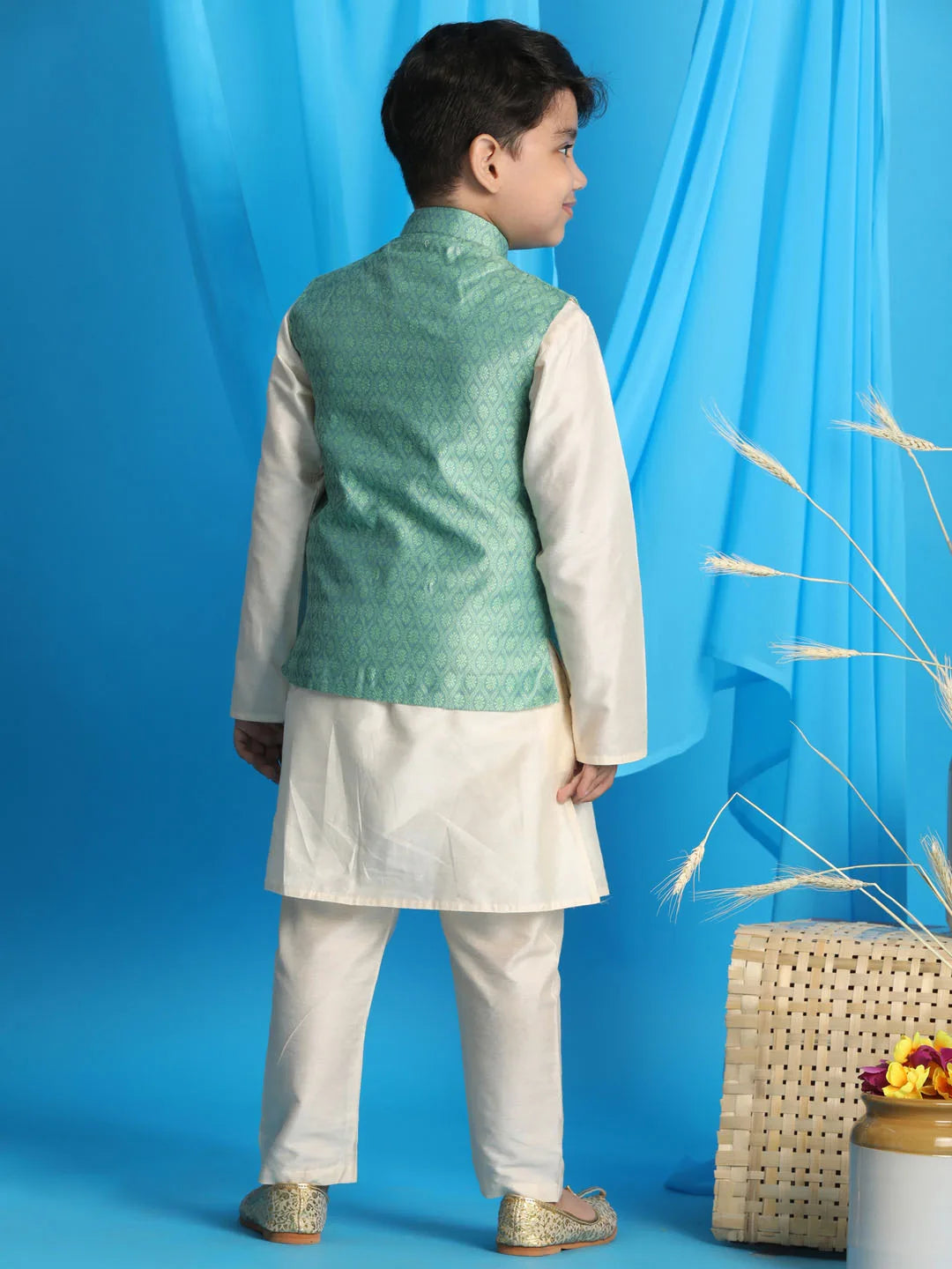 Boys' Green And Cream Jacket, Kurta and Pyjama Set