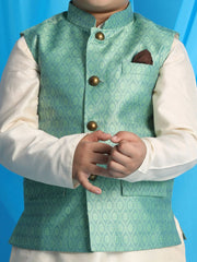 Boys' Green And Cream Jacket, Kurta and Pyjama Set