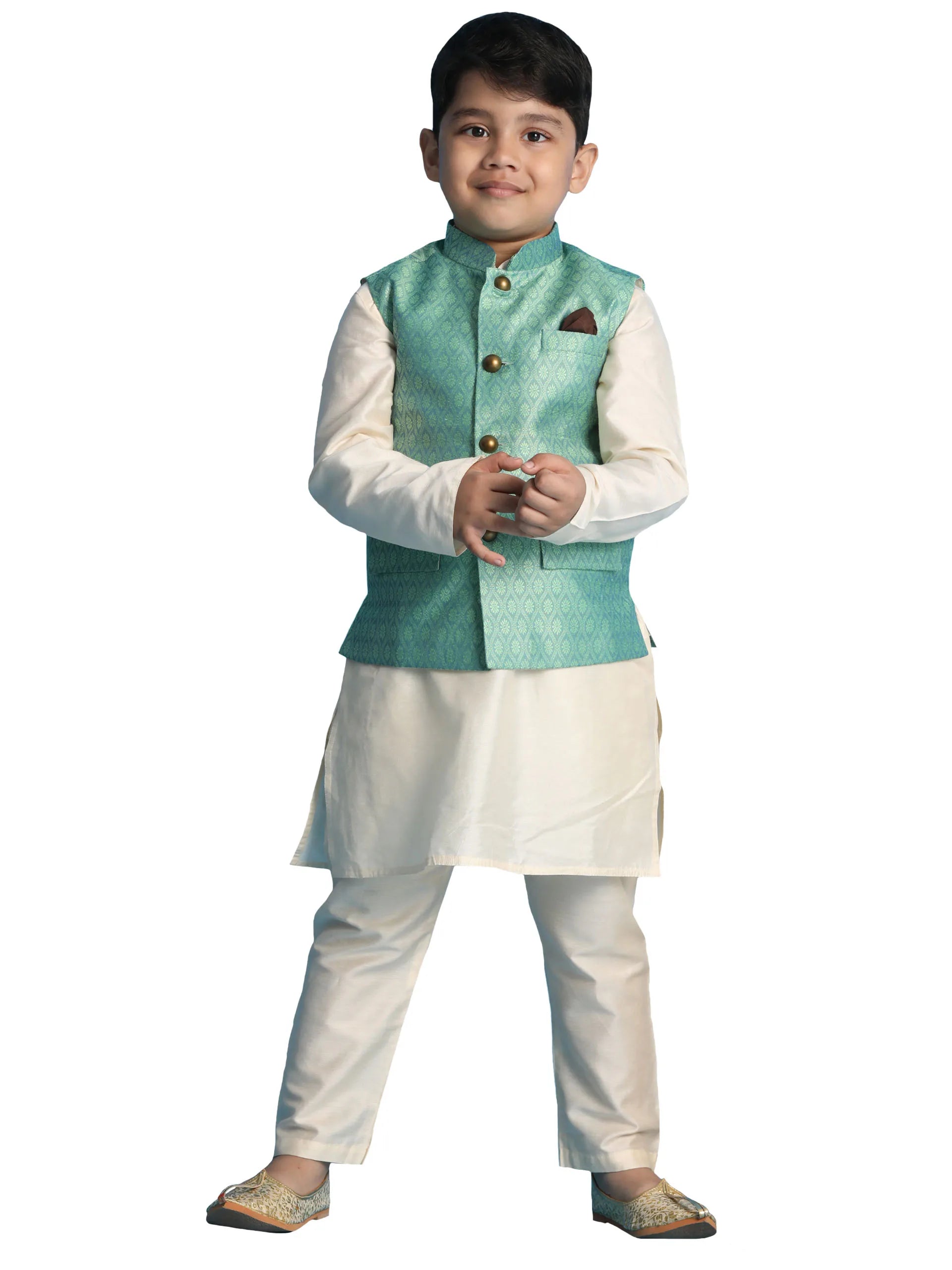 Boys' Green And Cream Jacket, Kurta and Pyjama Set