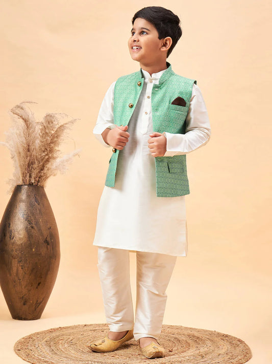 Boys' Cream And Green Jacket, Kurta and Pyjama Set