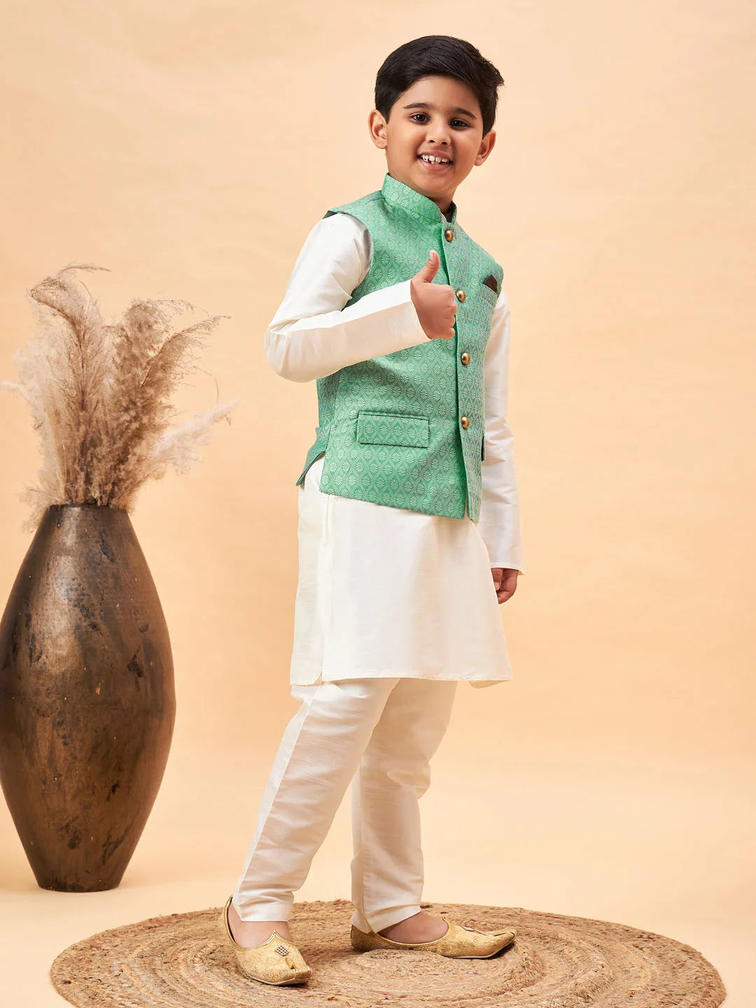 Boys' Cream And Green Jacket, Kurta and Pyjama Set