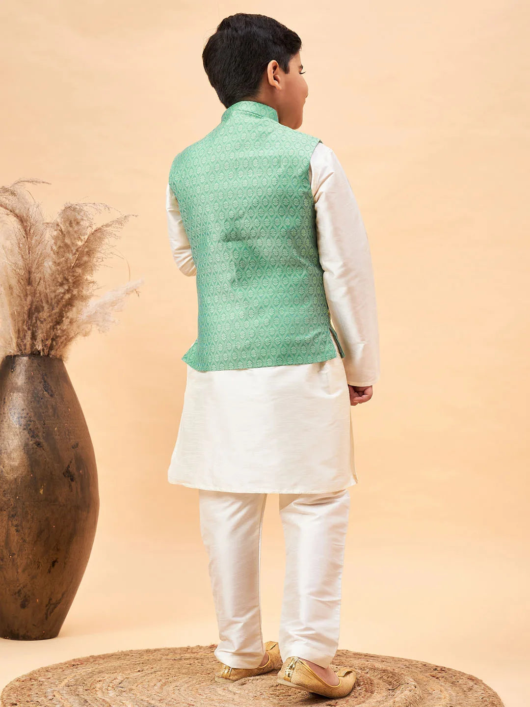 Boys' Cream And Green Jacket, Kurta and Pyjama Set