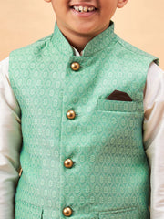 Boys' Cream And Green Jacket, Kurta and Pyjama Set