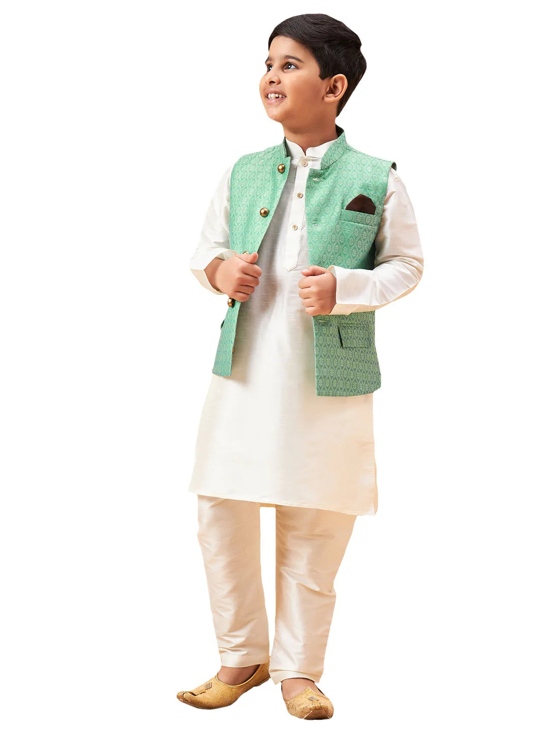 Boys' Cream And Green Jacket, Kurta and Pyjama Set