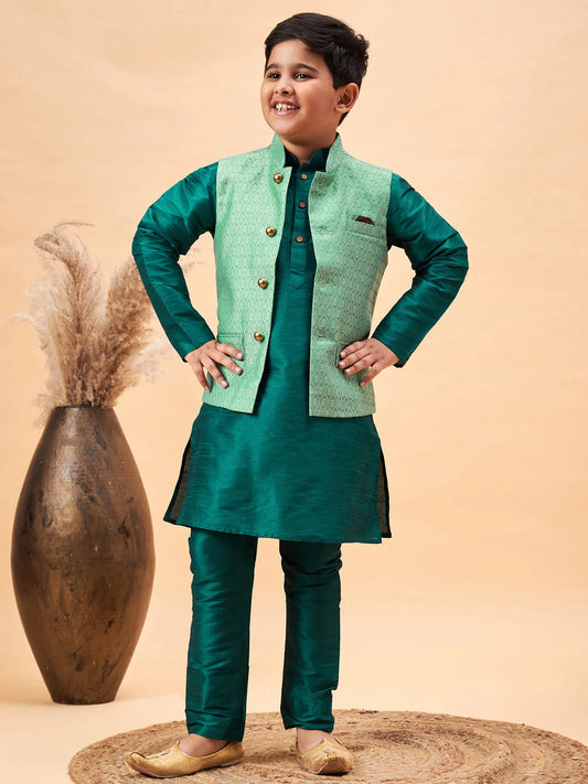 Boys' Green Jacket, Kurta and Pyjama Set