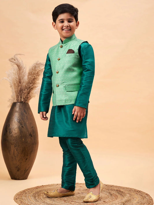 Boys' Green Jacket, Kurta and Pyjama Set