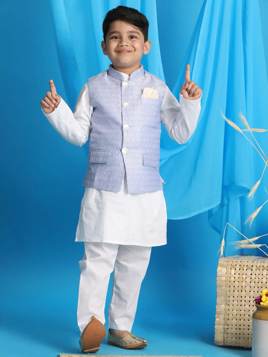 Boys' Blue And White Jacket, Kurta and Pyjama Set