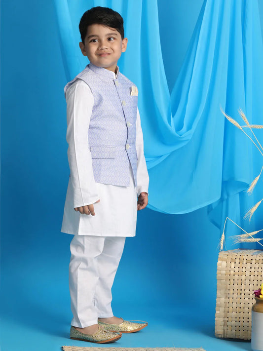 Boys' Blue And White Jacket, Kurta and Pyjama Set