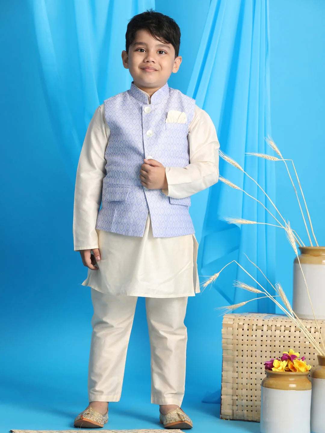 Boys' Blue And Cream Jacket, Kurta and Pyjama Set