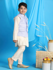 Boys' Blue And Cream Jacket, Kurta and Pyjama Set