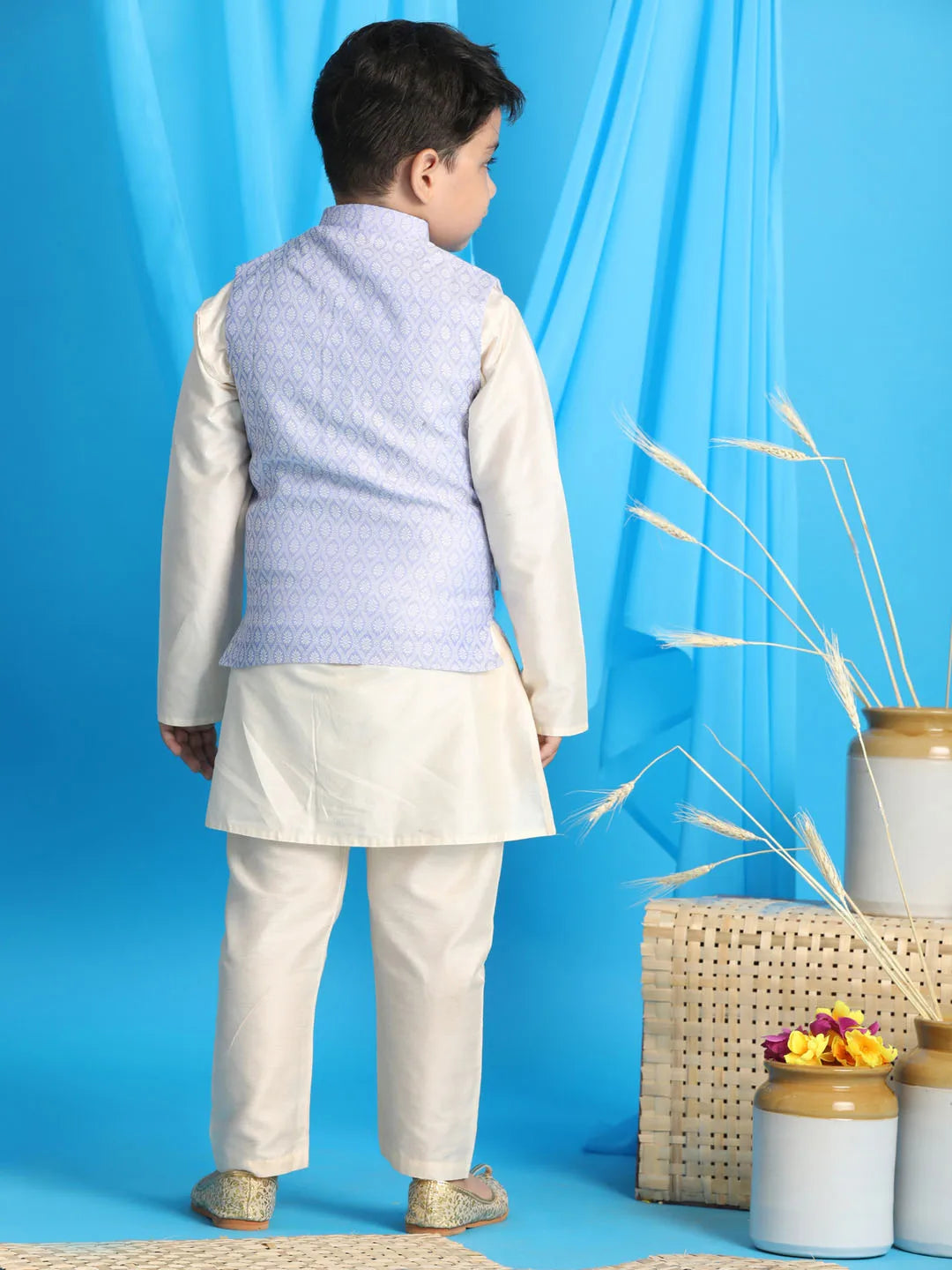 Boys' Blue And Cream Jacket, Kurta and Pyjama Set