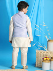 Boys' Blue And Cream Jacket, Kurta and Pyjama Set