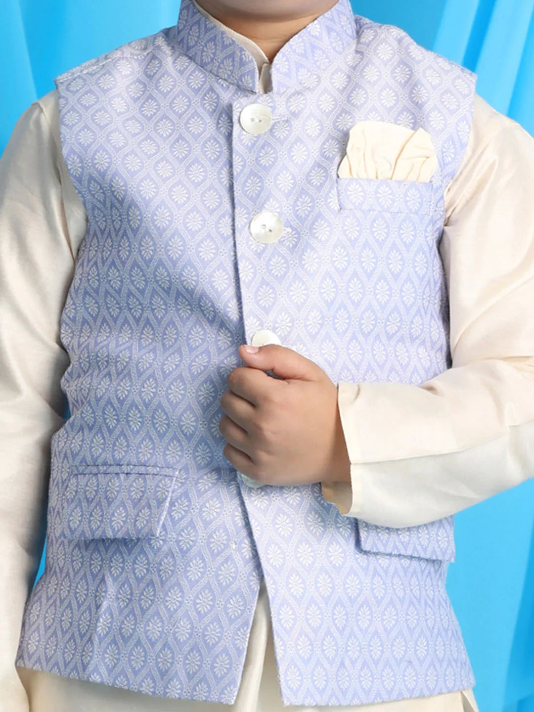 Boys' Blue And Cream Jacket, Kurta and Pyjama Set