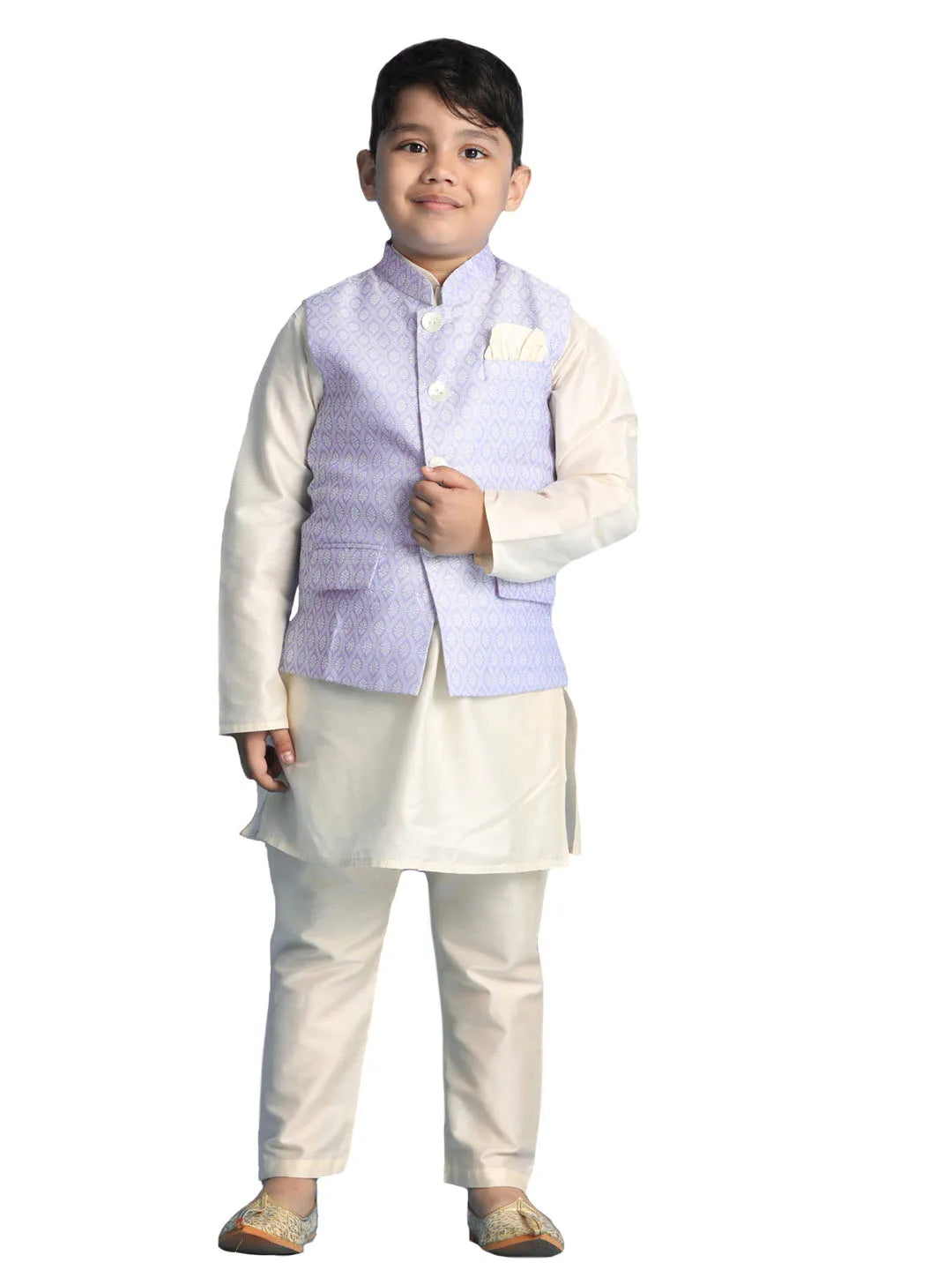 Boys' Blue And Cream Jacket, Kurta and Pyjama Set