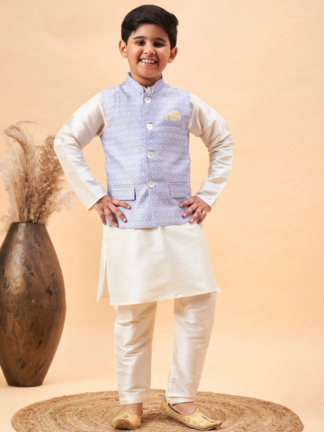 Boys' Cream And Blue Jacket, Kurta and Pyjama Set