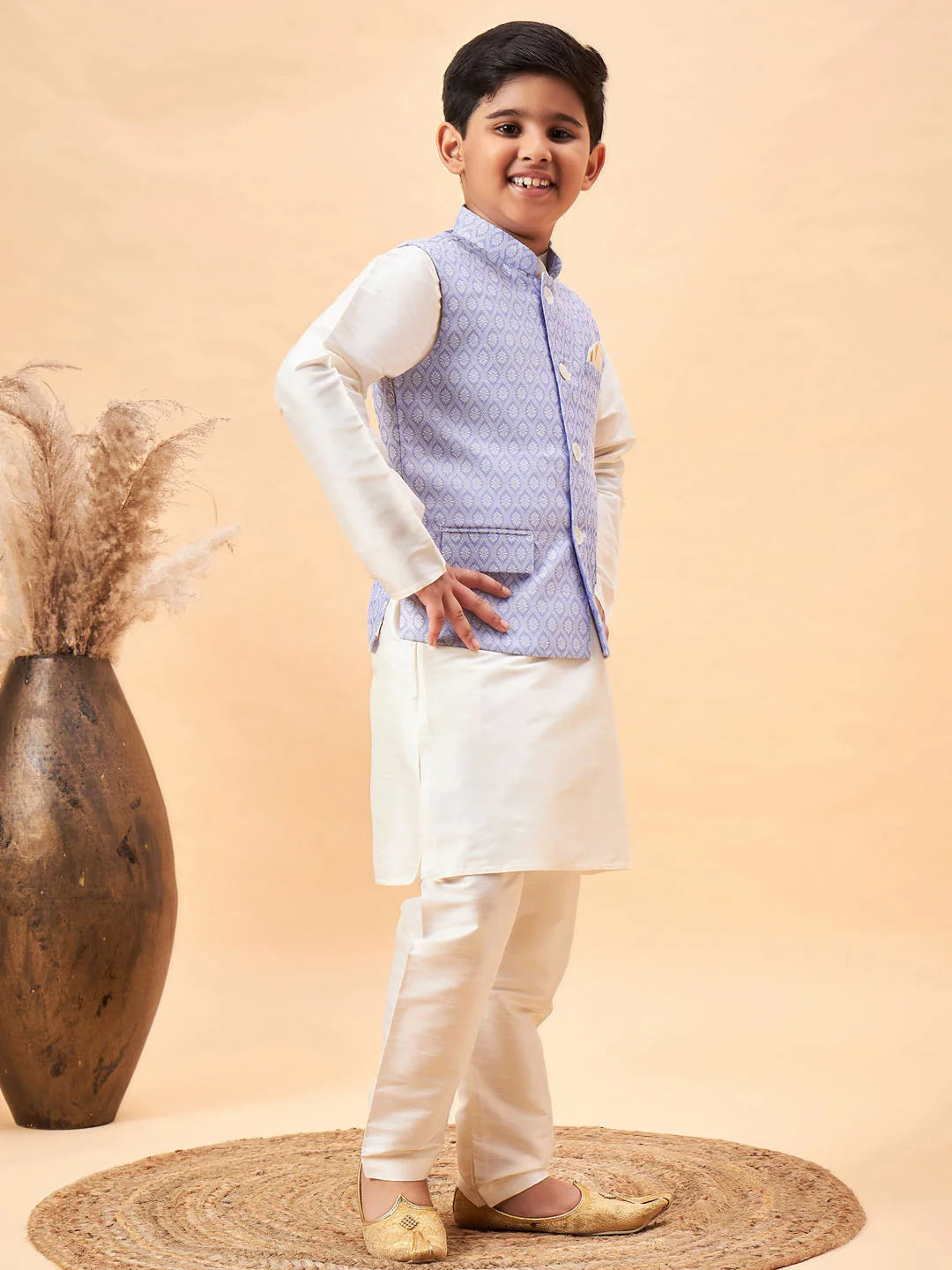 Boys' Cream And Blue Jacket, Kurta and Pyjama Set