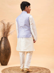 Boys' Cream And Blue Jacket, Kurta and Pyjama Set