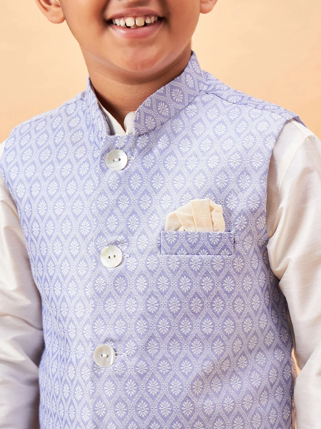 Boys' Cream And Blue Jacket, Kurta and Pyjama Set